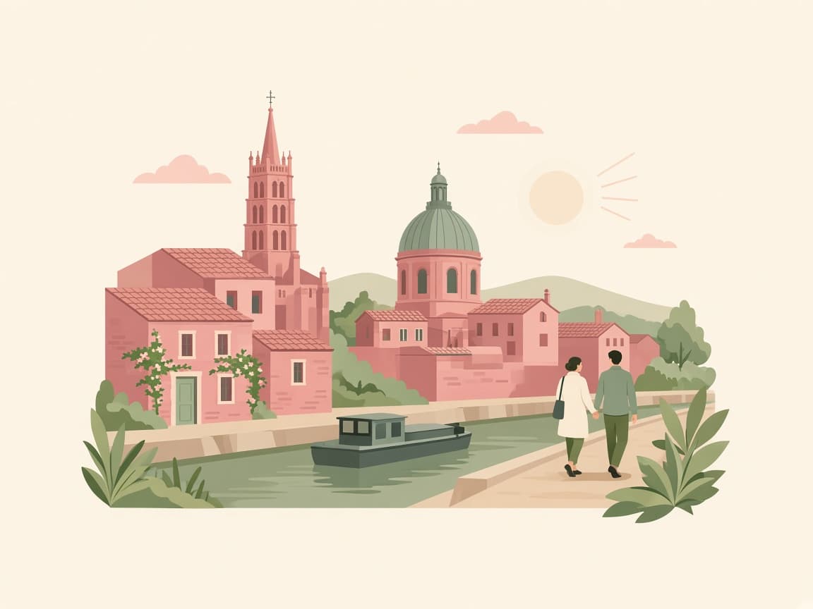 Illustration Occitanie : brique rose et canal