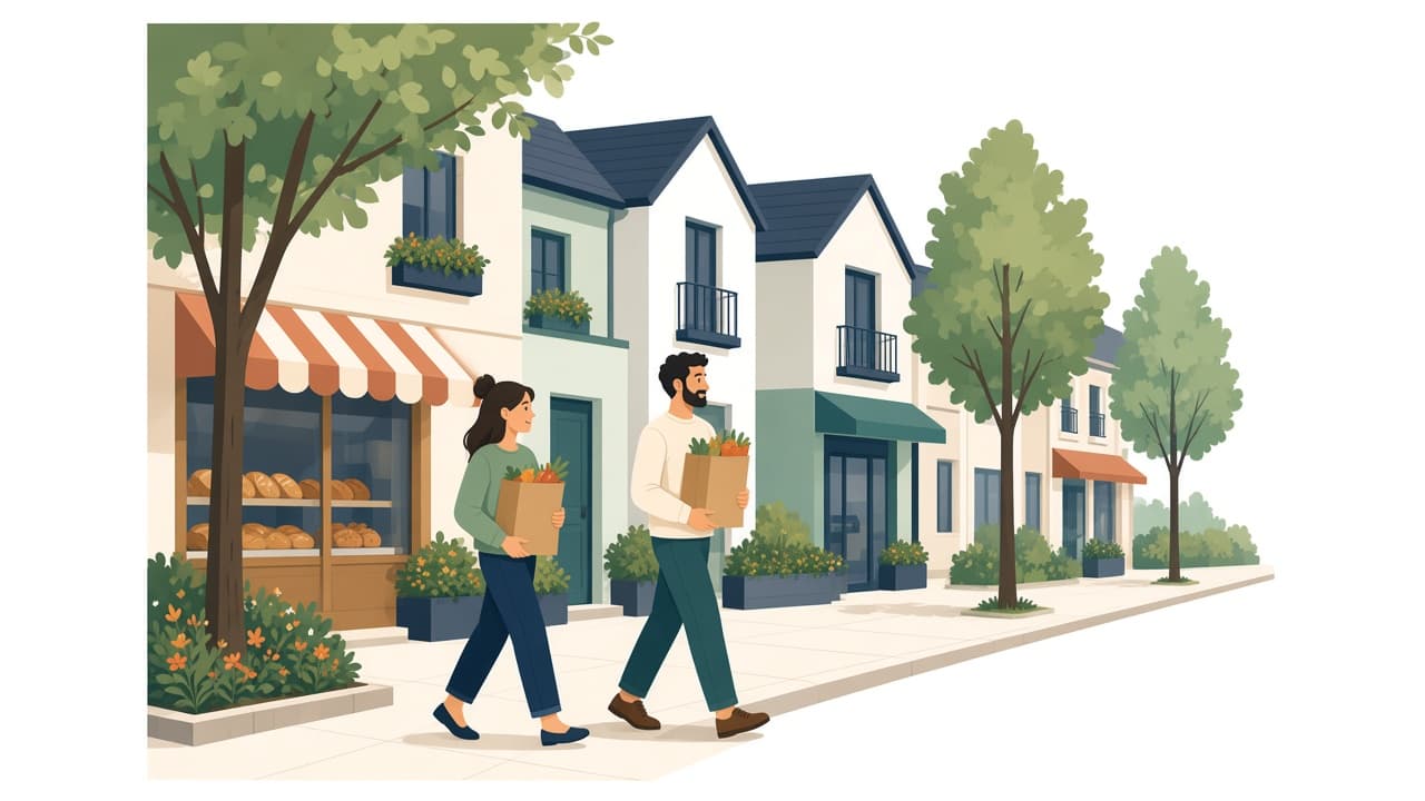 Couple avec courses dans une rue de quartier