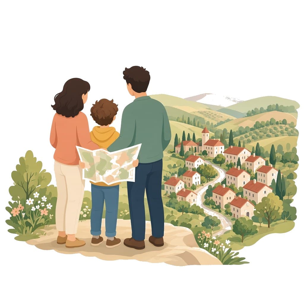 Famille avec une carte face à un vallon