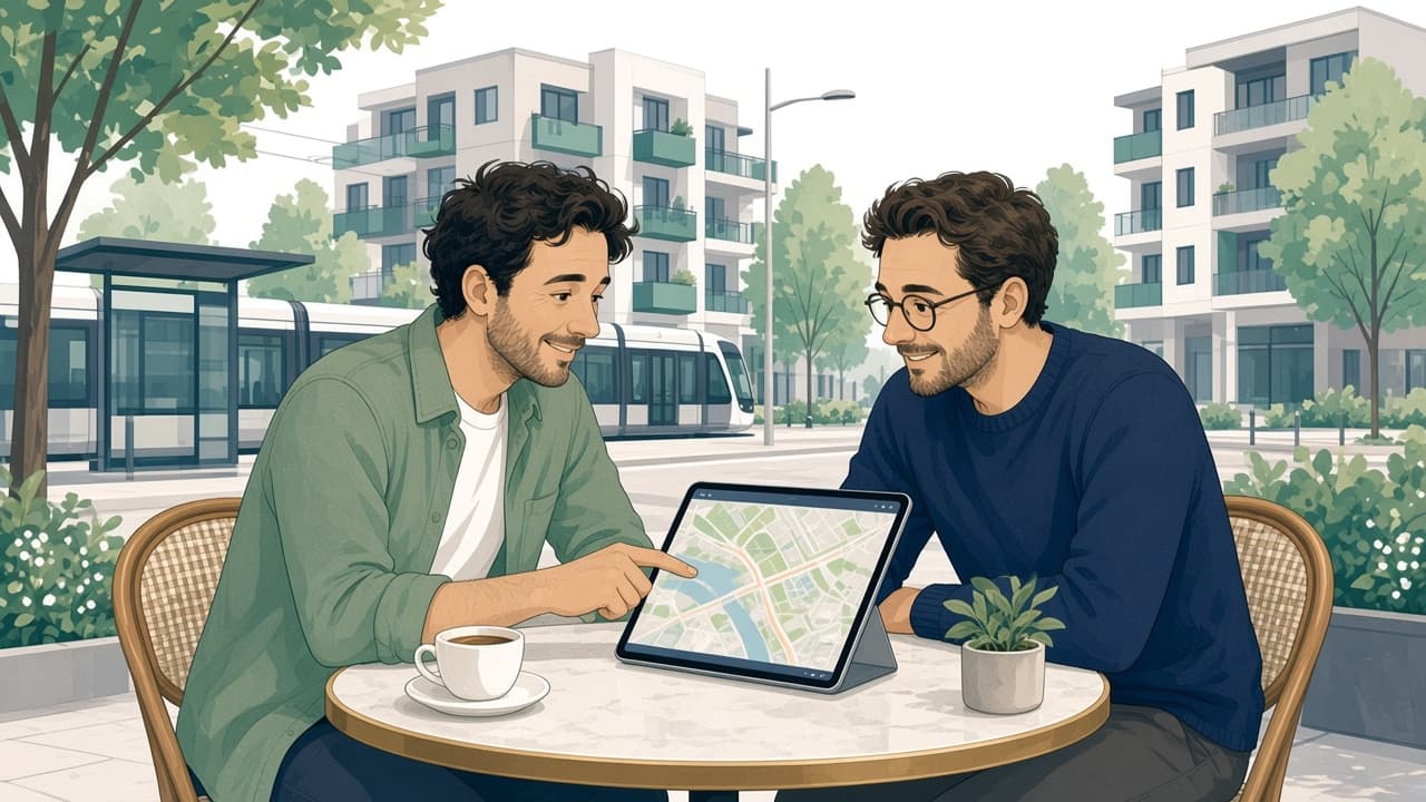 Amis en terrasse qui comparent des options