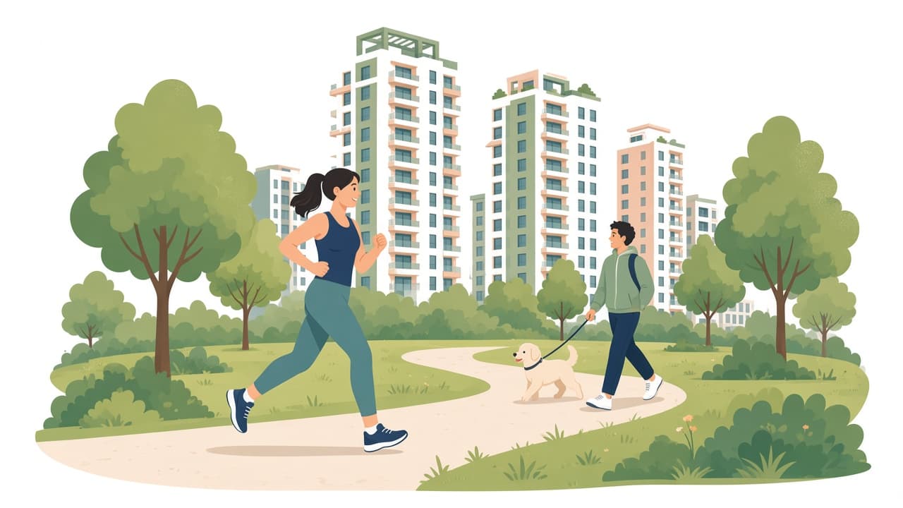 Joggeur dans un parc près d’immeubles neufs